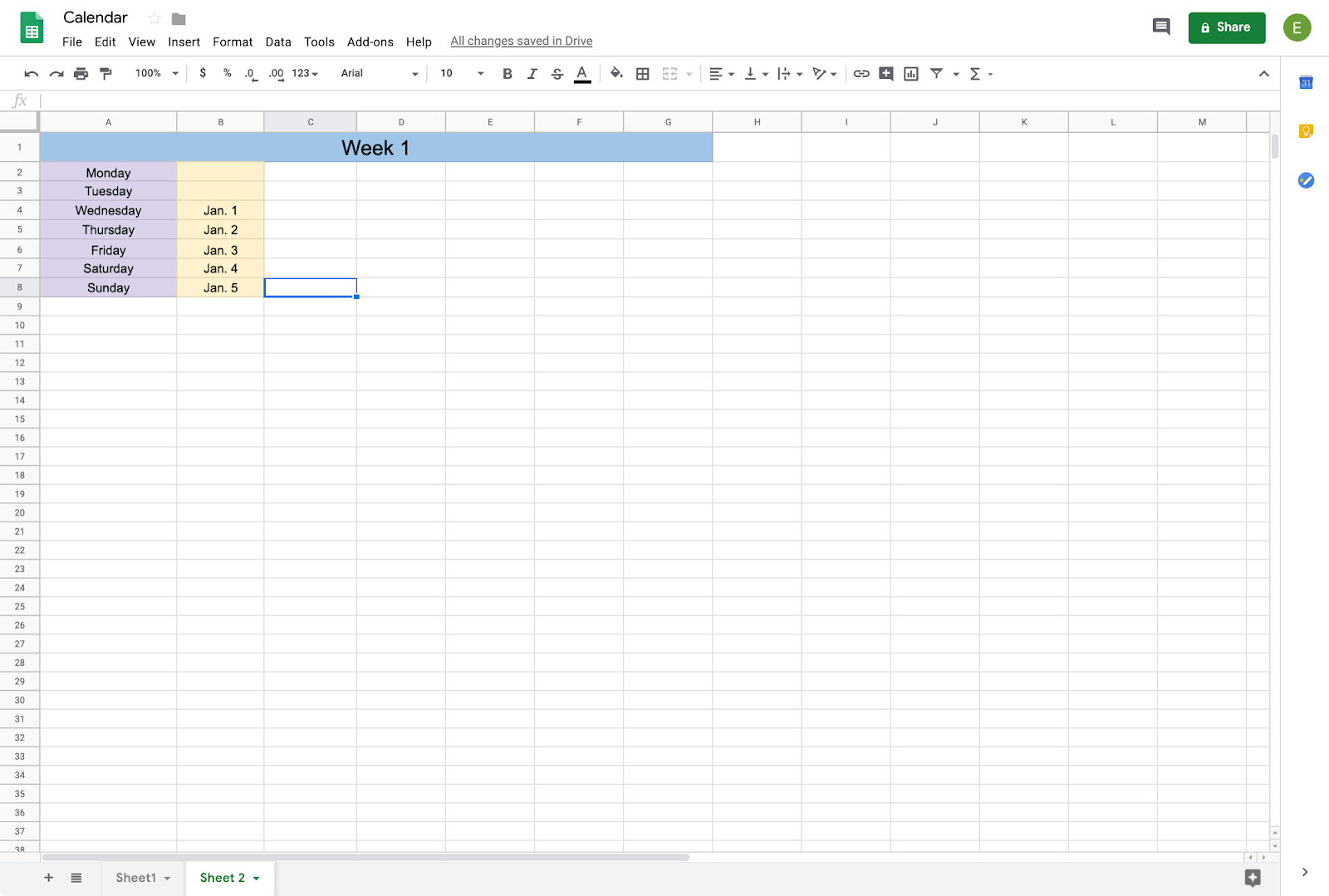 alternative format for calendar in google sheets