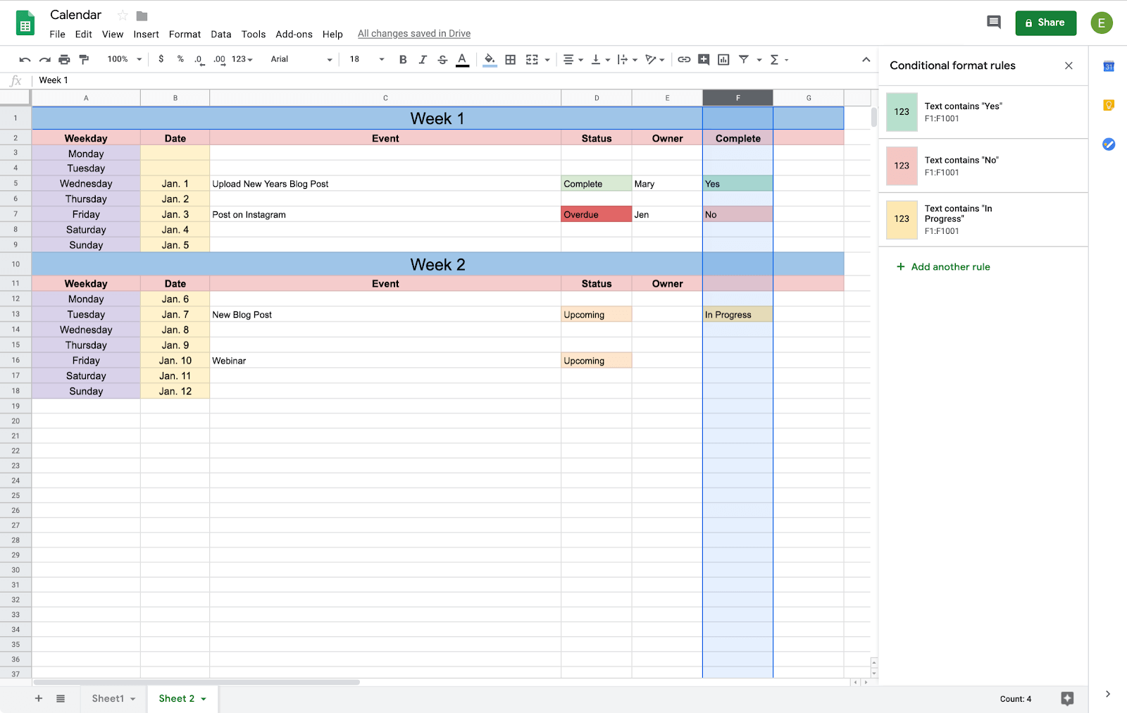 conditional formatting in google sheets calendar
