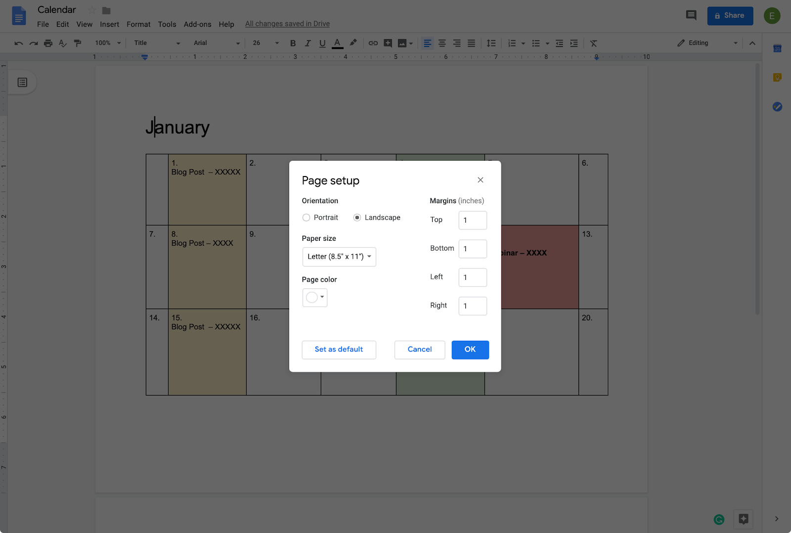 setting up orientation of calendar in google docs