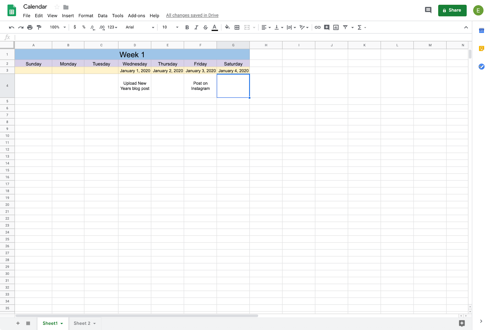 filling in dates in calendar on google sheets