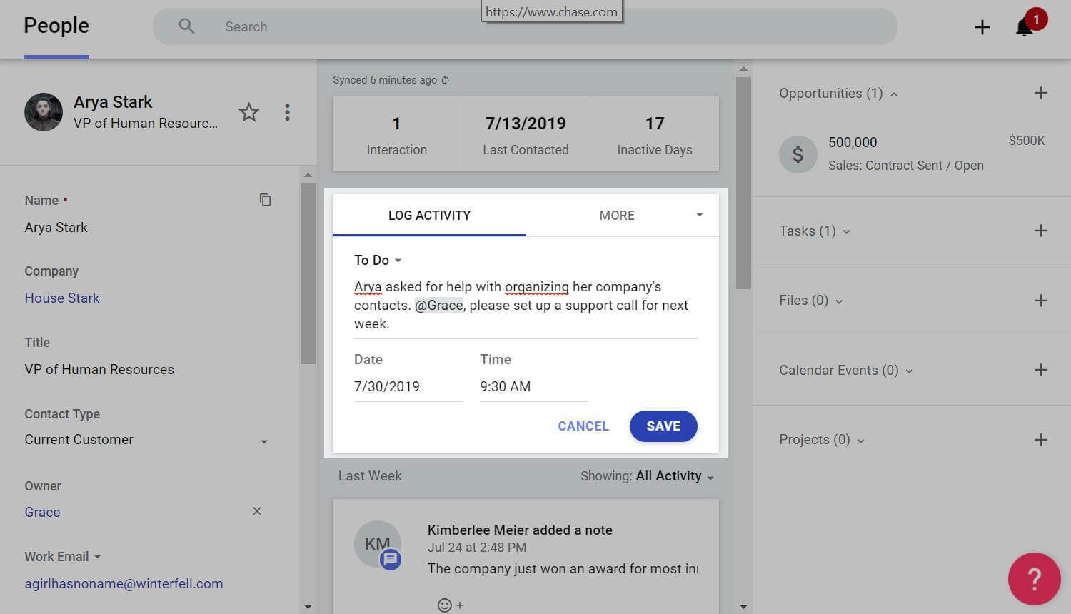 copper crm's customer history logs