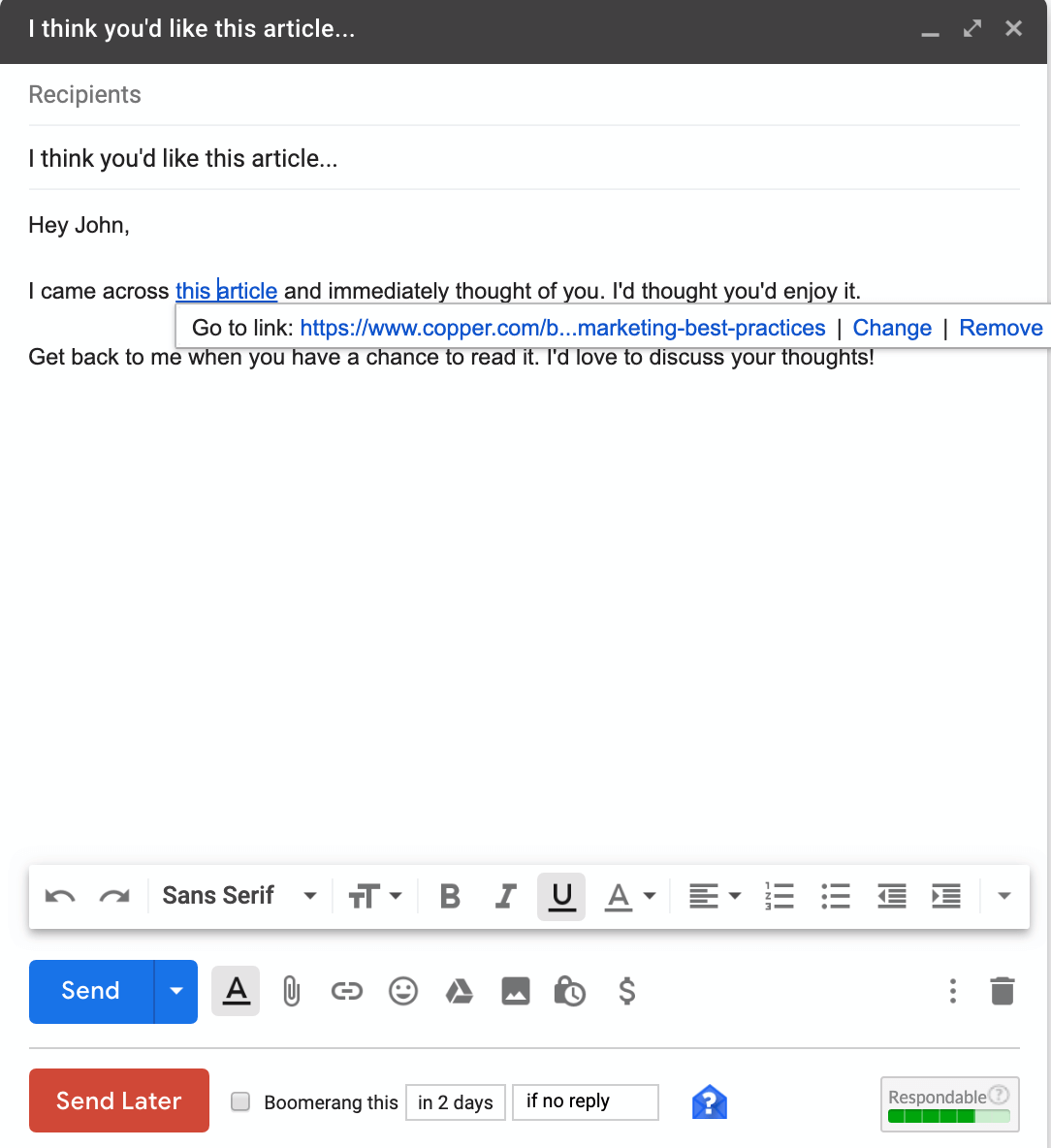 hyperlinking options in gmail