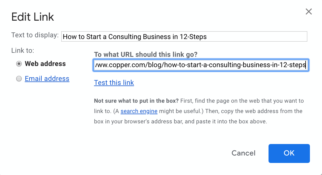 editing link in gmail message