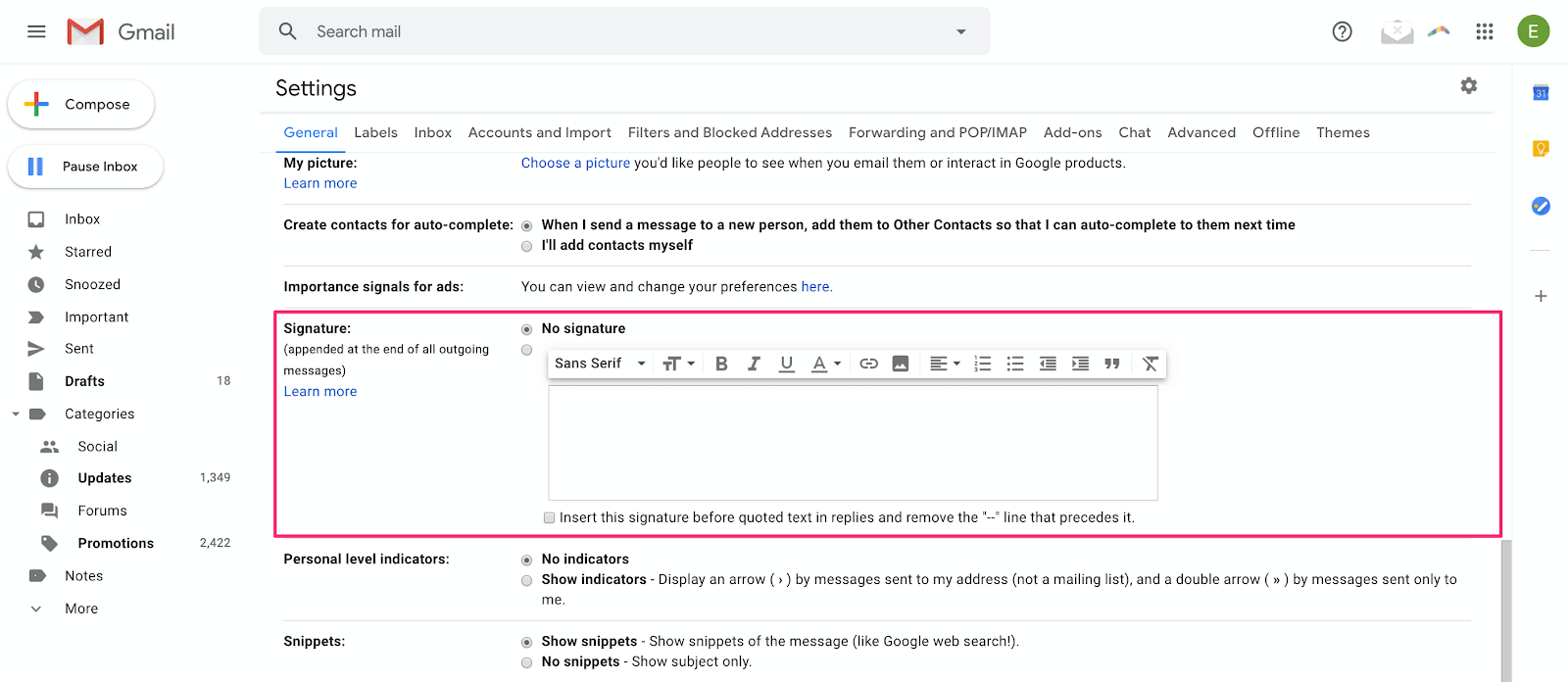 signature editing box in gmail