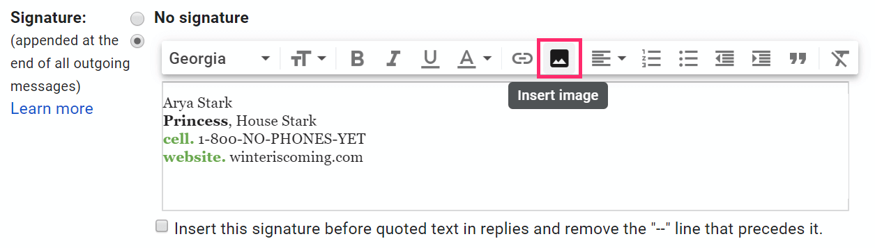 inserting an image in gmail signature editor