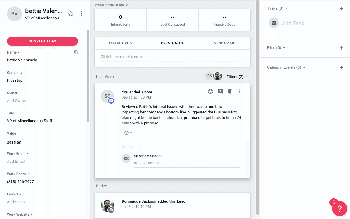 Adding a Note to Copper crm about leads