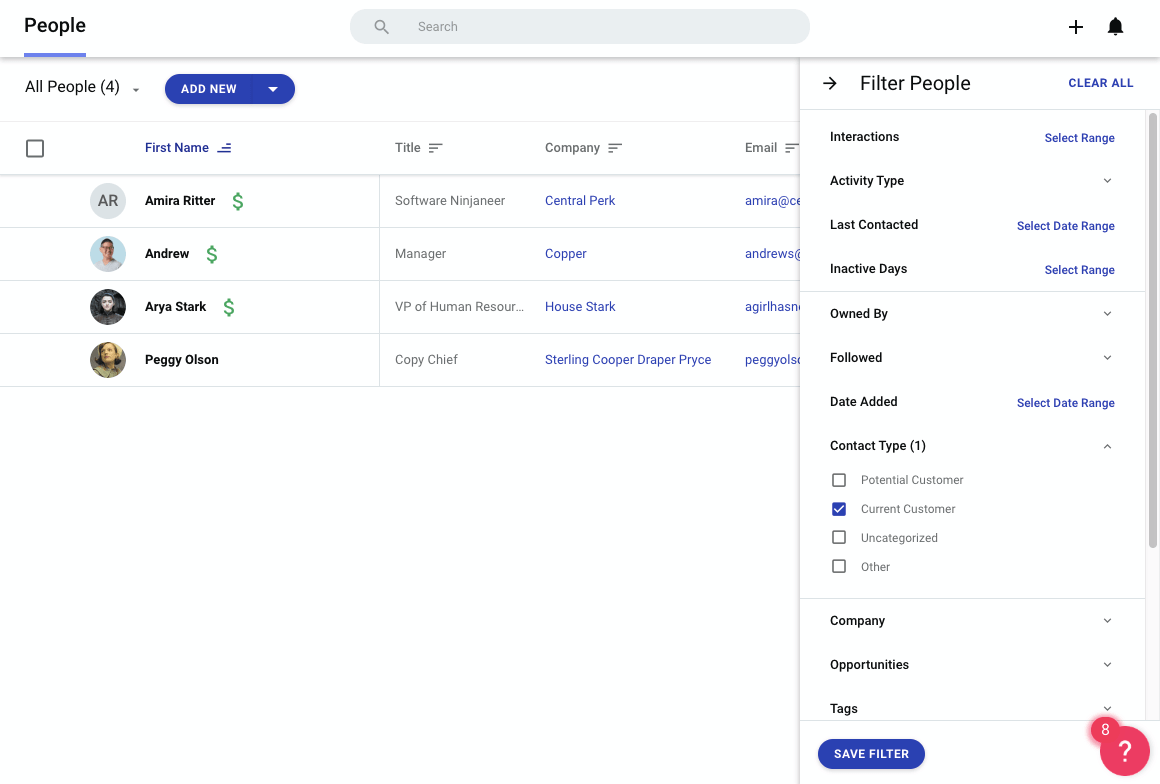 filtering people in copper crm
