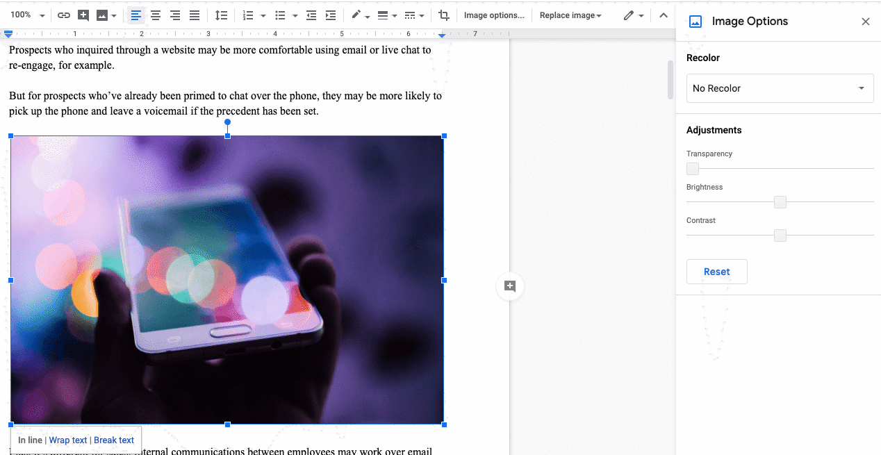 image options in google docs