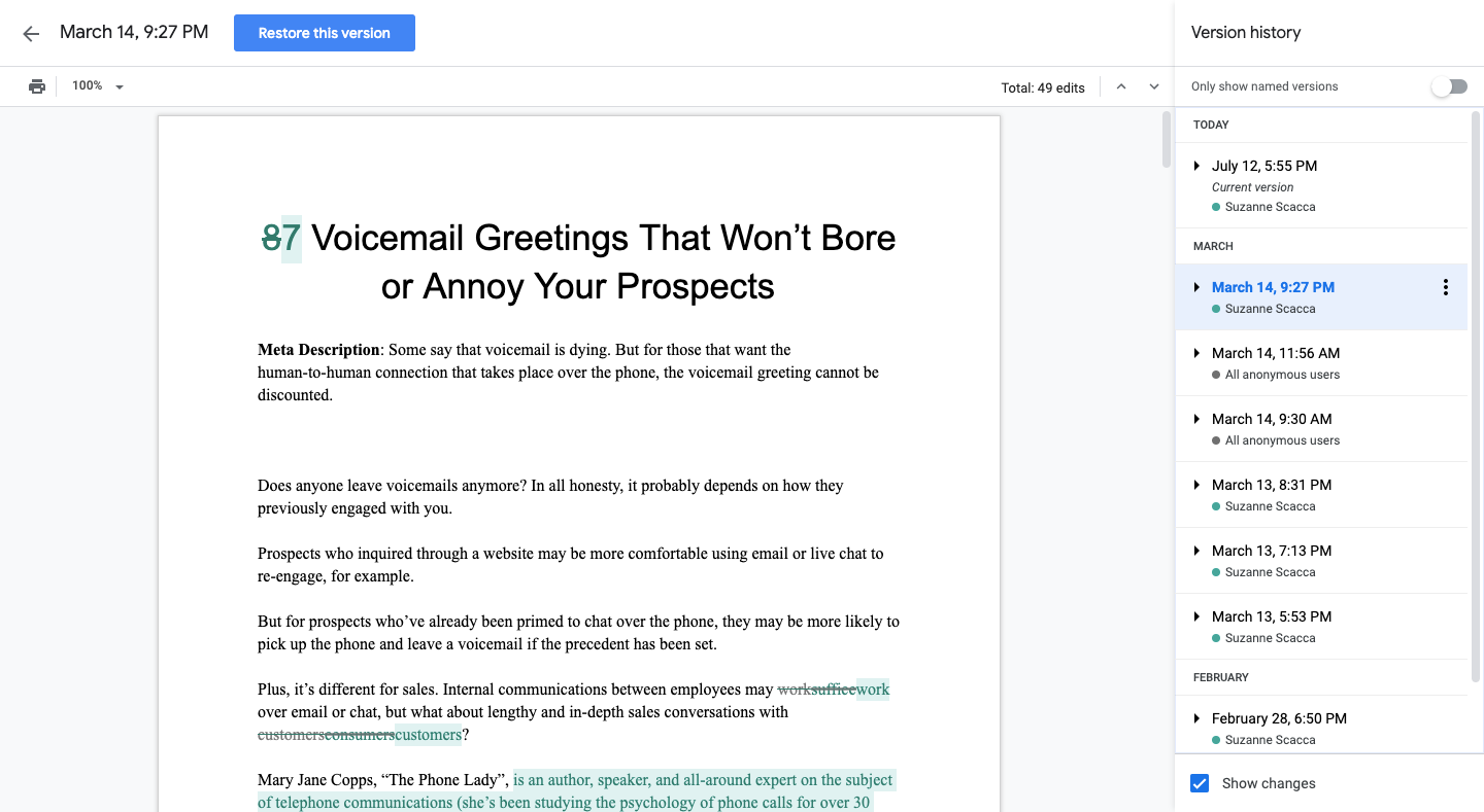 document history in google docs