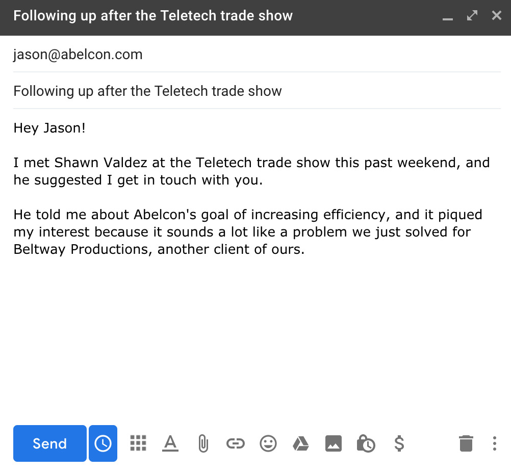 trade show follow-up email sample template for cold leads