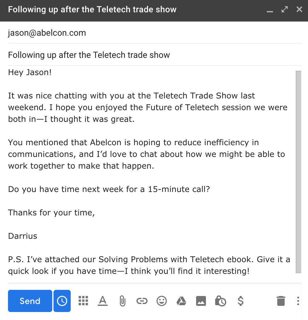trade show follow-up email sample template