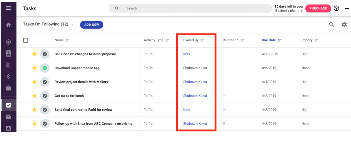 tasks in copper crm
