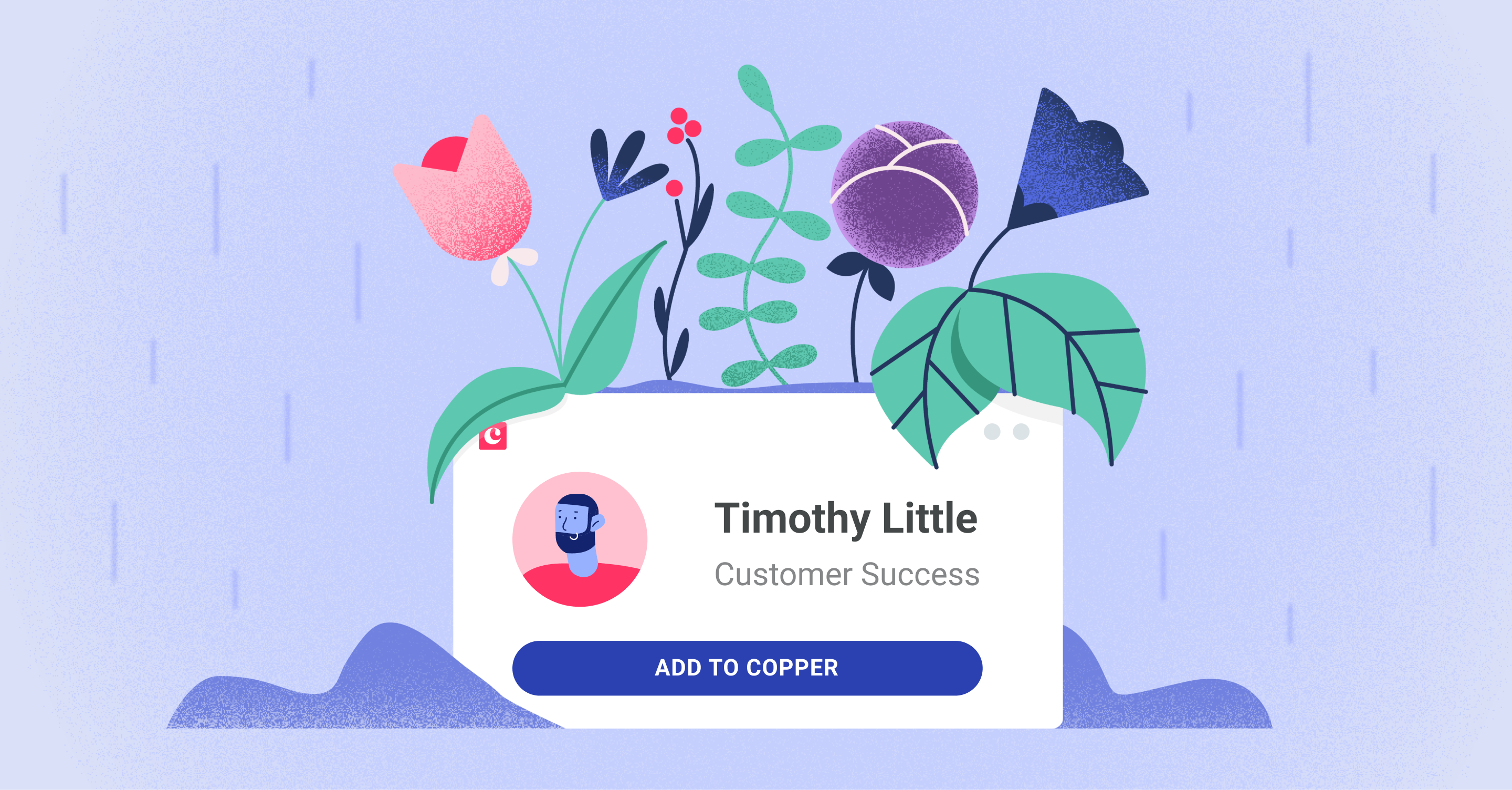 illustration showing a contact card with flowers growing out of it, symbolizing lead nurturing