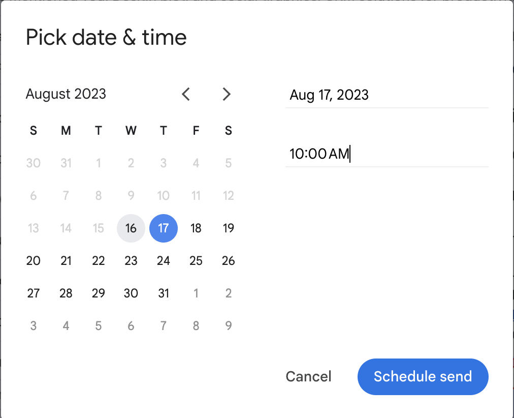 screenshot showing Gmail's schedule send window where you pick a date and time