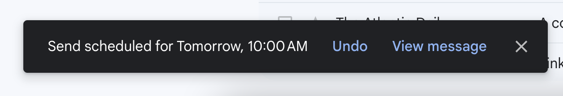screenshot of Gmail notification confirming the scheduled send of an email