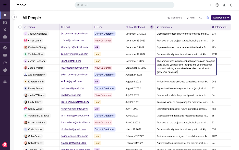 screenshot of in-line editing in copper crm
