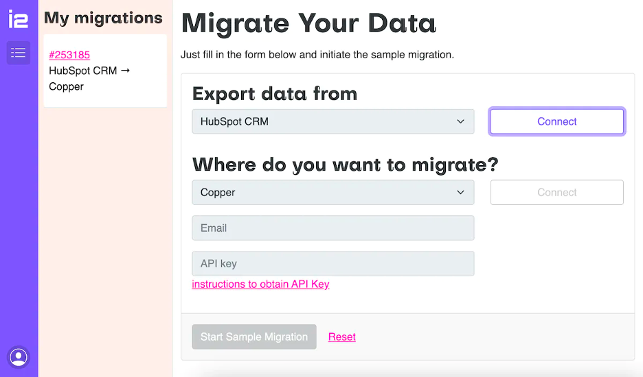screenshot of Import2 website showing the data migration screen