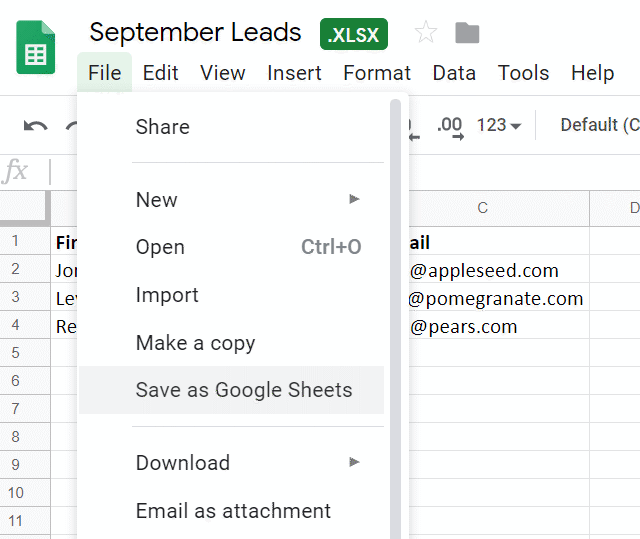 saving a file as google sheets