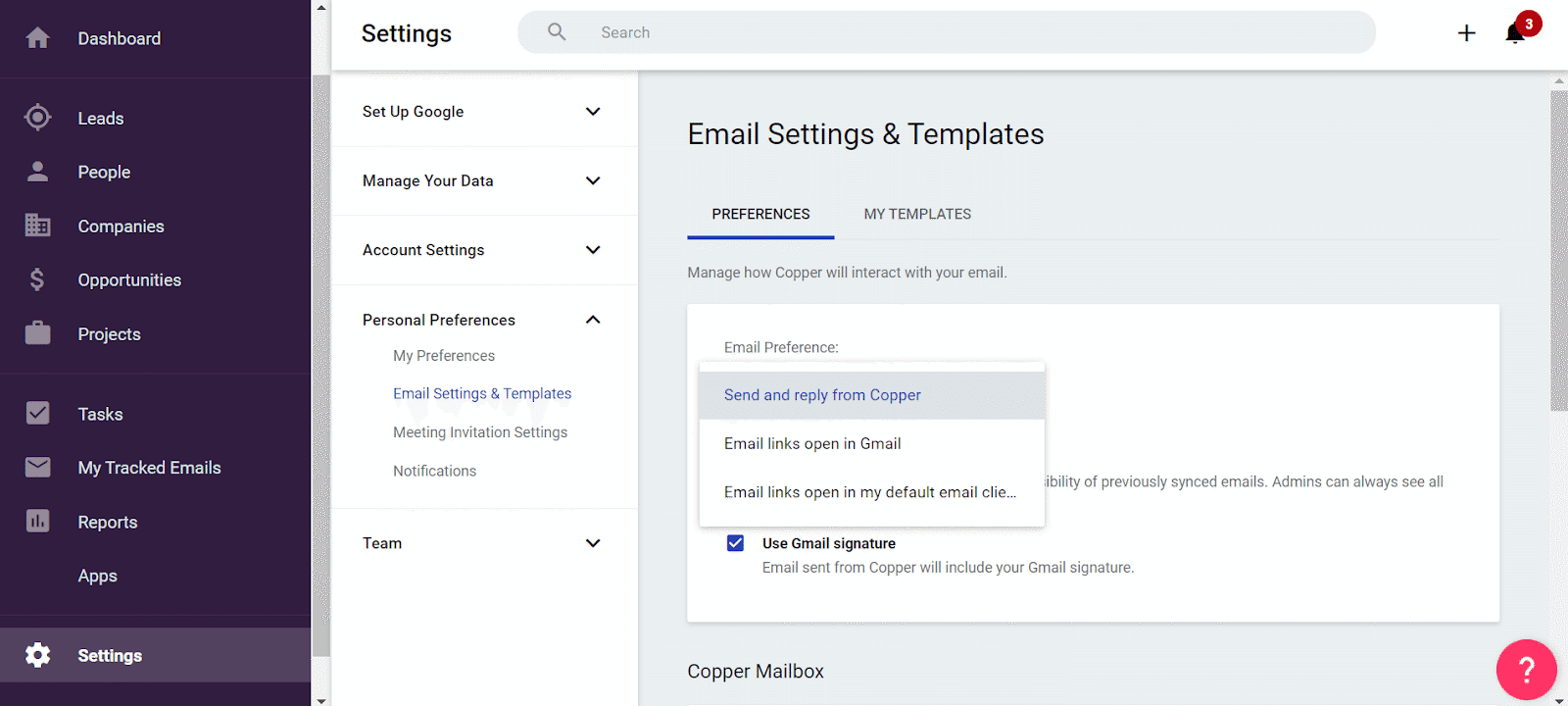 email settings templates in copper crm