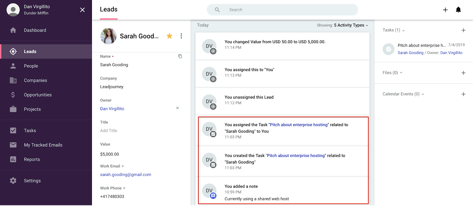 copper crm's activity log