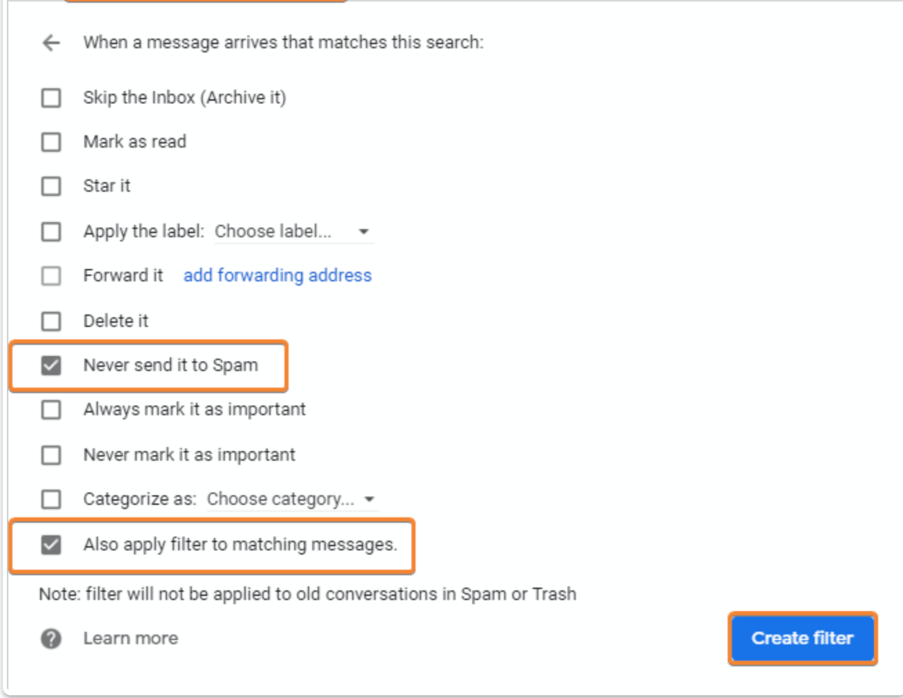 create a new filter in gmail