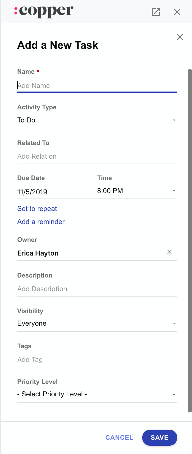 creating tasks in copper crm