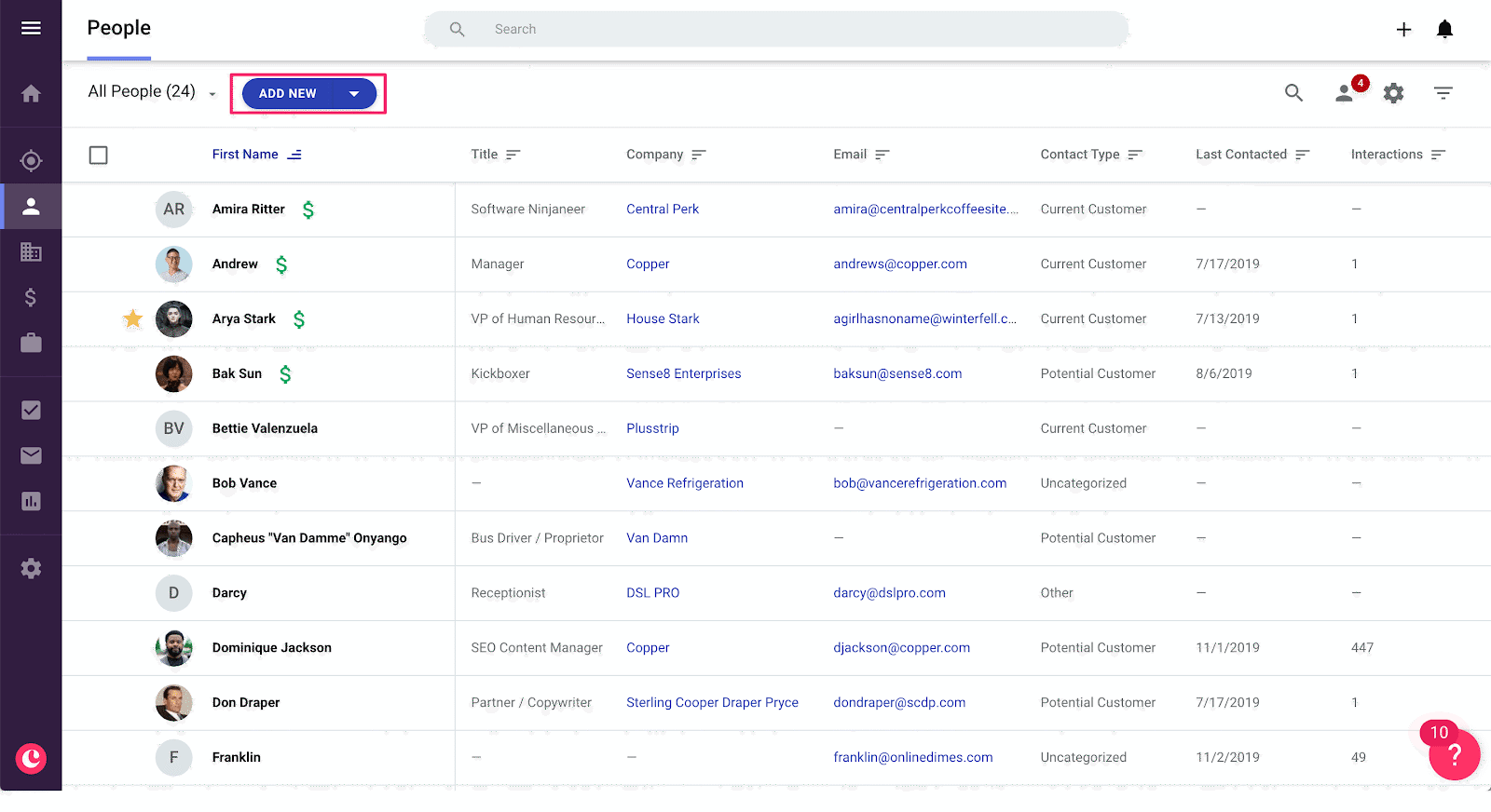 adding a new person in copper crm