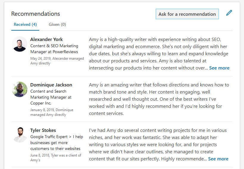 asking for a recommendation on linkedin