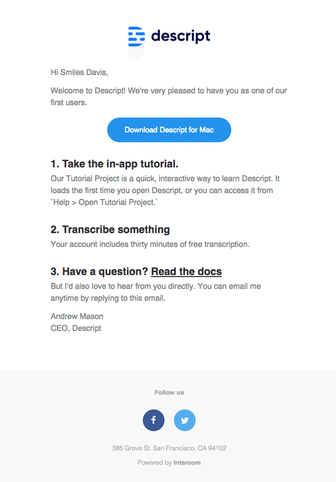 descript welcome email