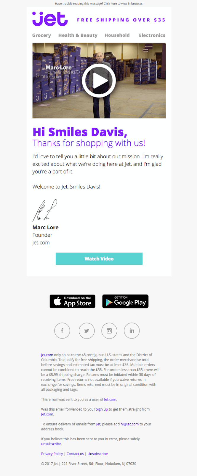 jet welcome email