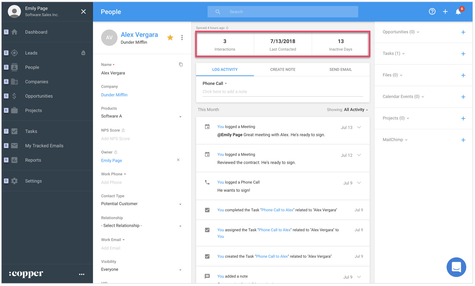 interactions with customers logged in copper crm