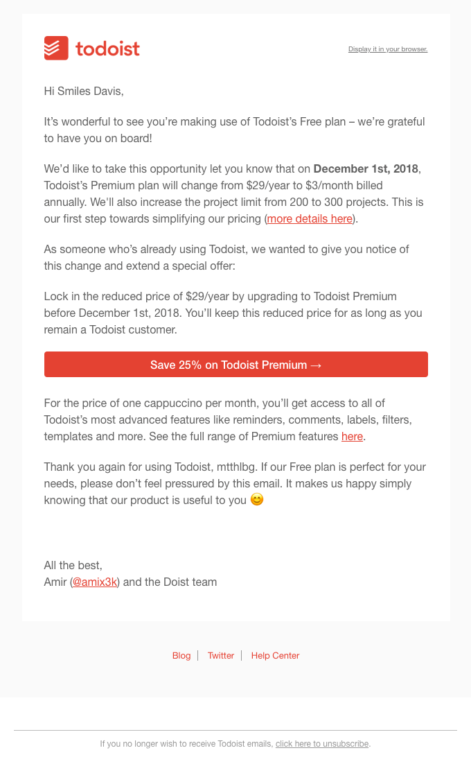 todoist saas upselling email
