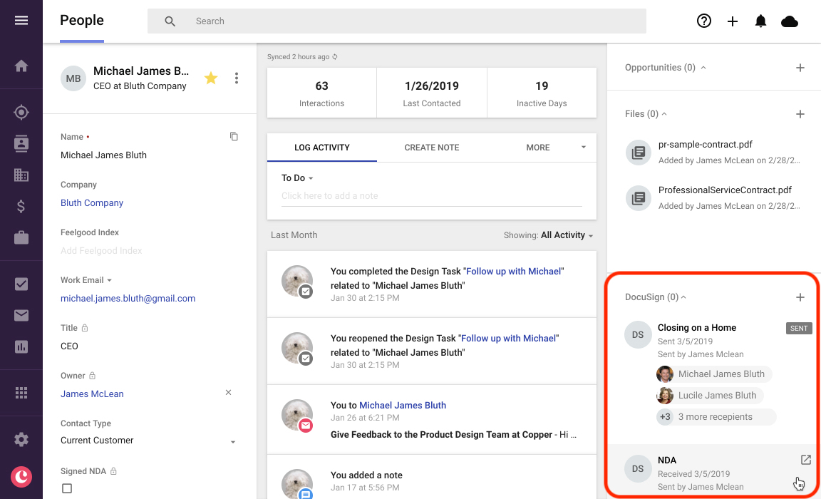 copper's crm dashboard with docusign integrated