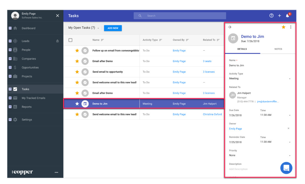 scheduling follow-up tasks in copper crm