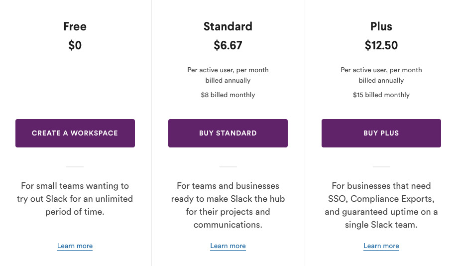 slack's pricing plans