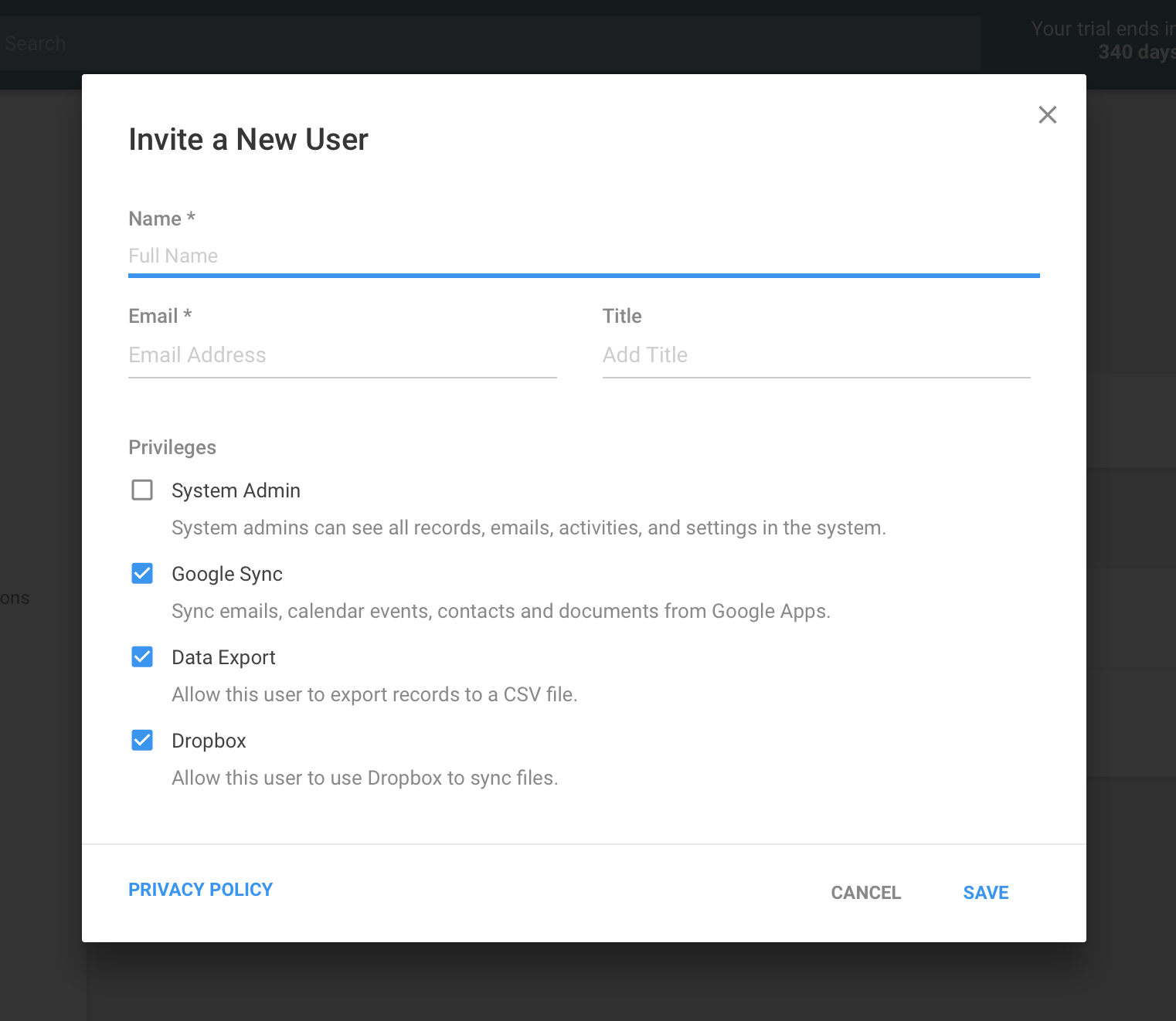 what admin invite a new user looks like in copper crm