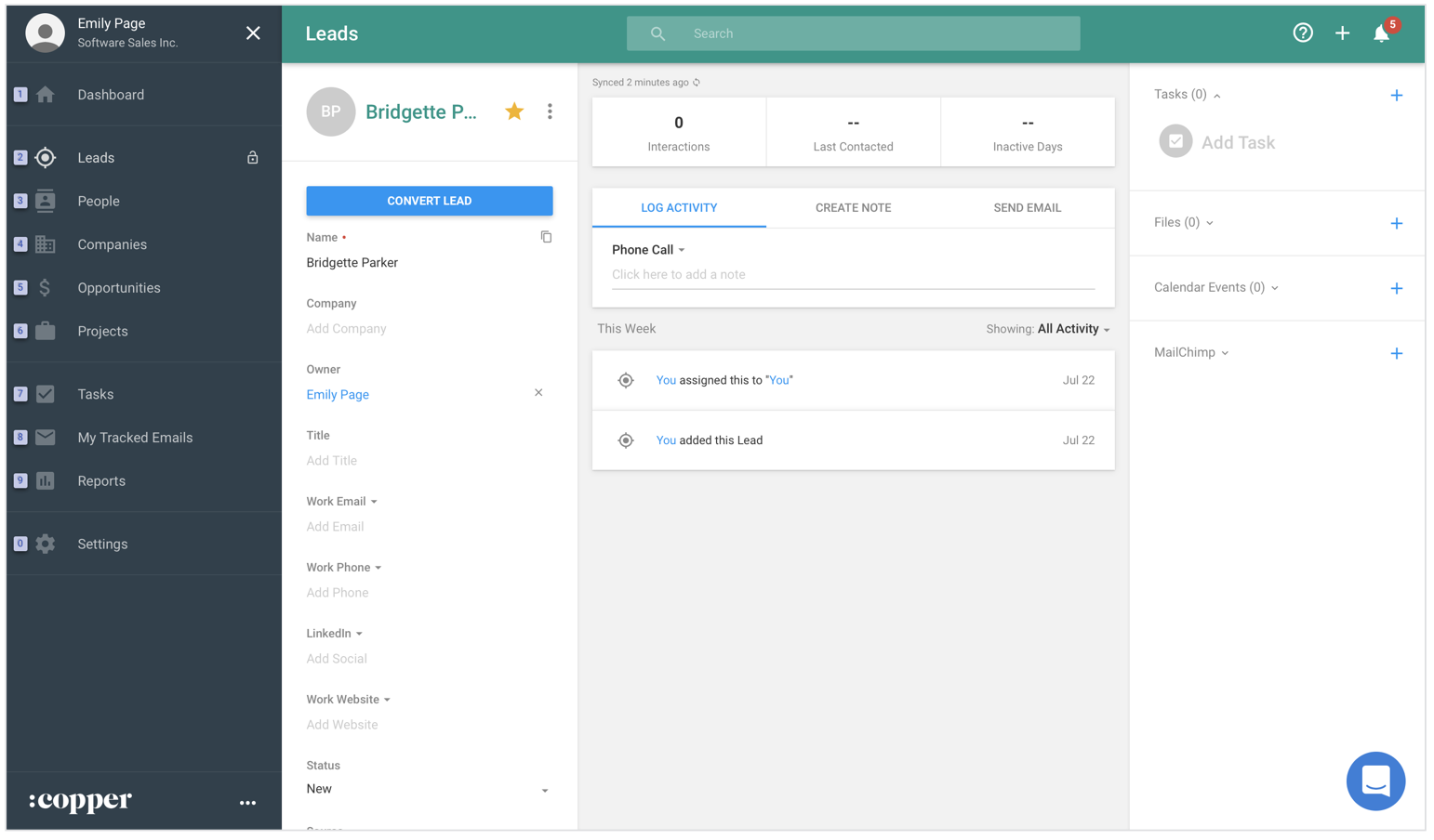 Your CRM should allow you to customize the contact and context info for each lead