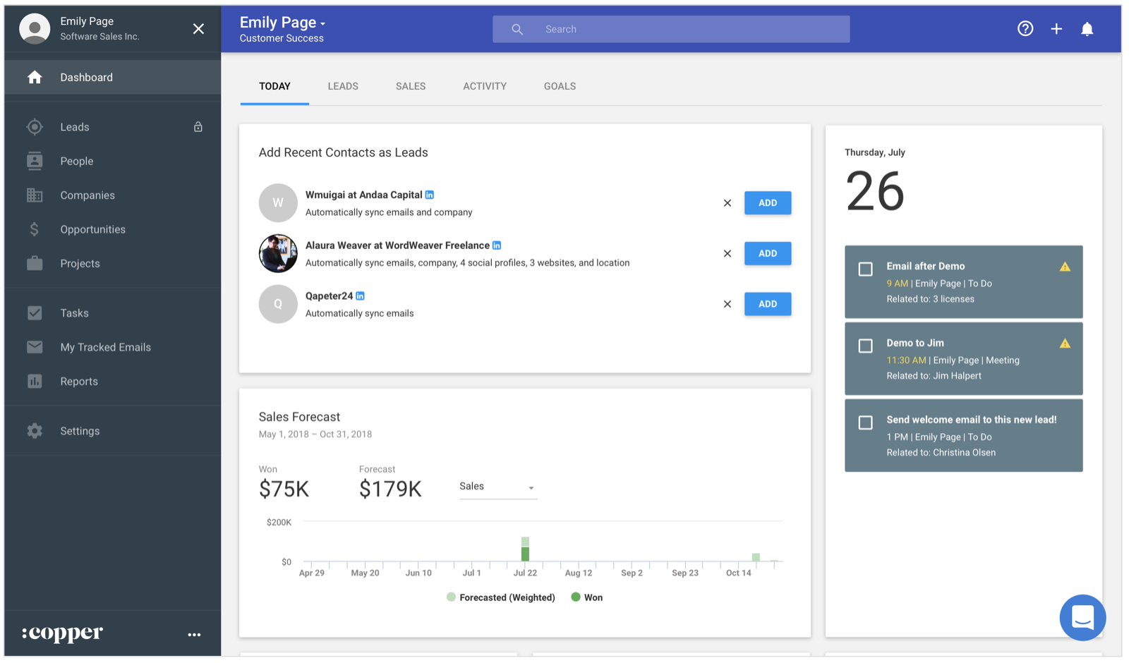 how contacts look in copper crm