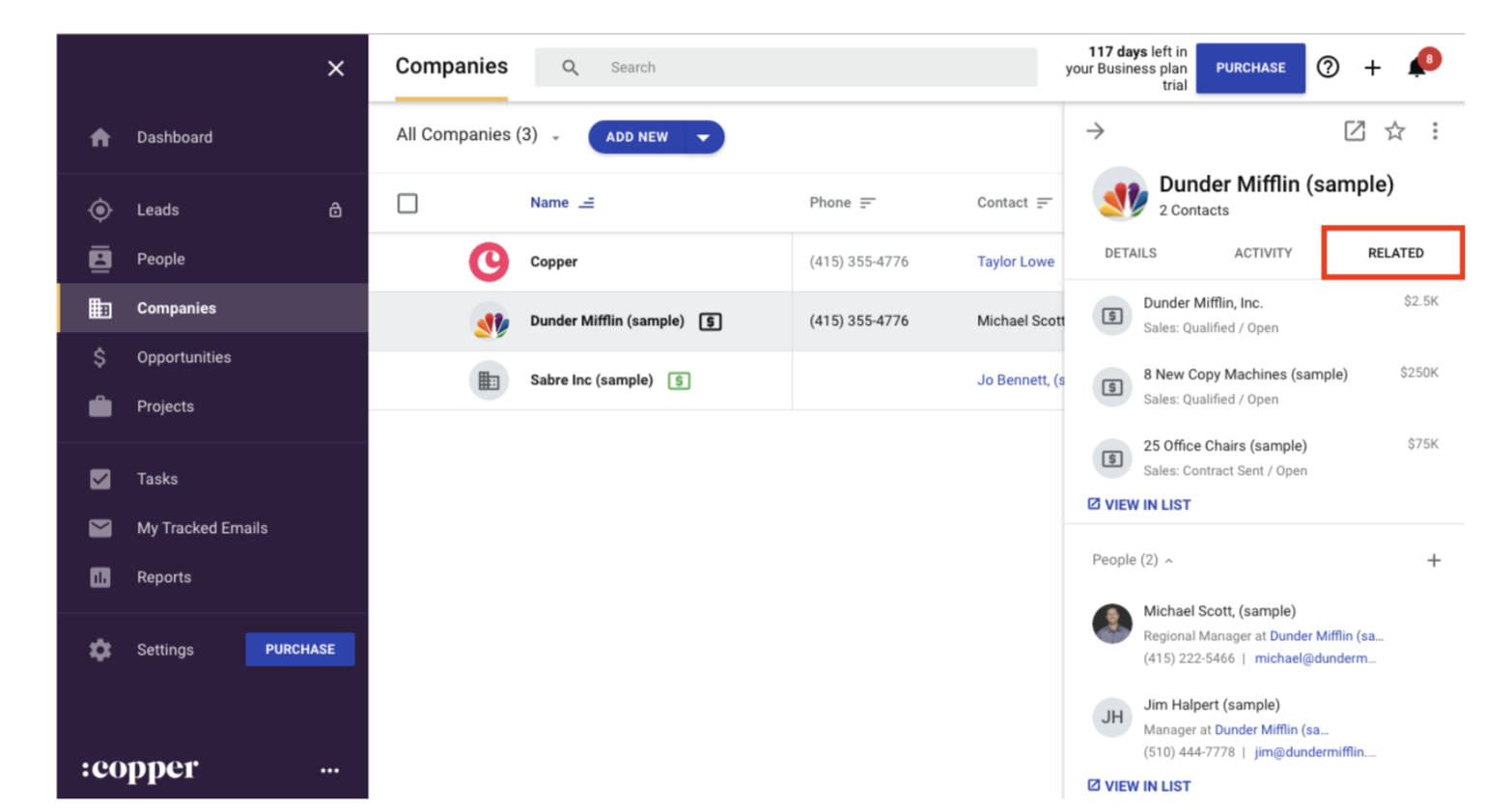 Relate Tasks, Companies, Leads, People, Projects, and Opportunities in Copper CRM.