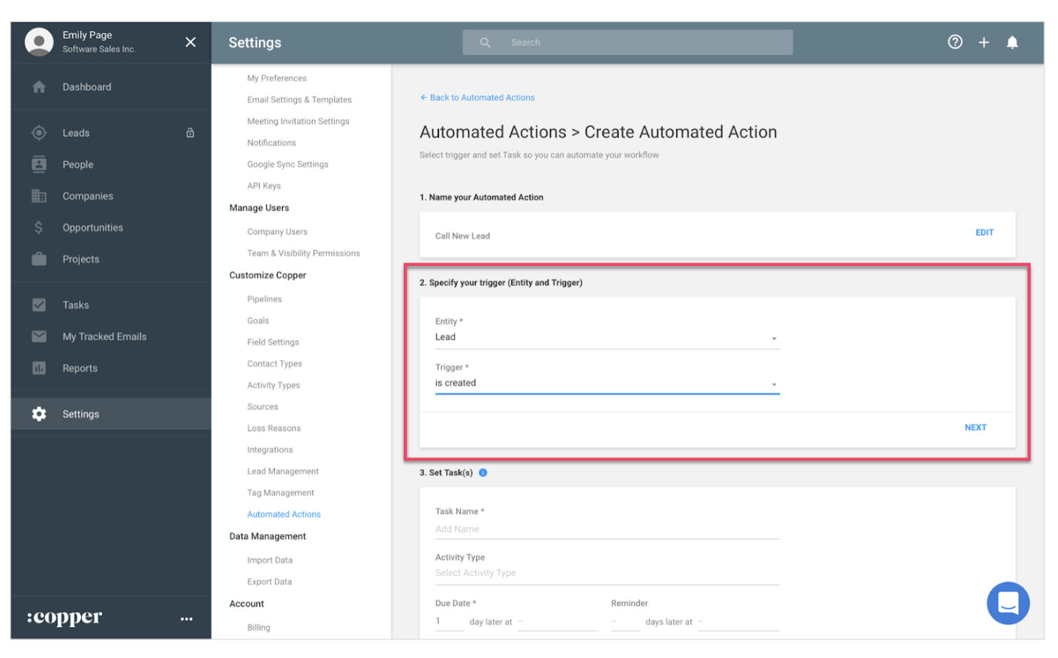 Copper CRM's series of automated actions allows users to create time-saving workflows