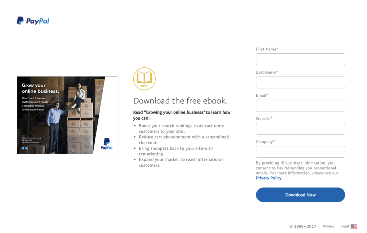 Here’s one of PayPal’s landing pages. Clean, easy to scan, and a form that doesn’t have too many fields to fill out.