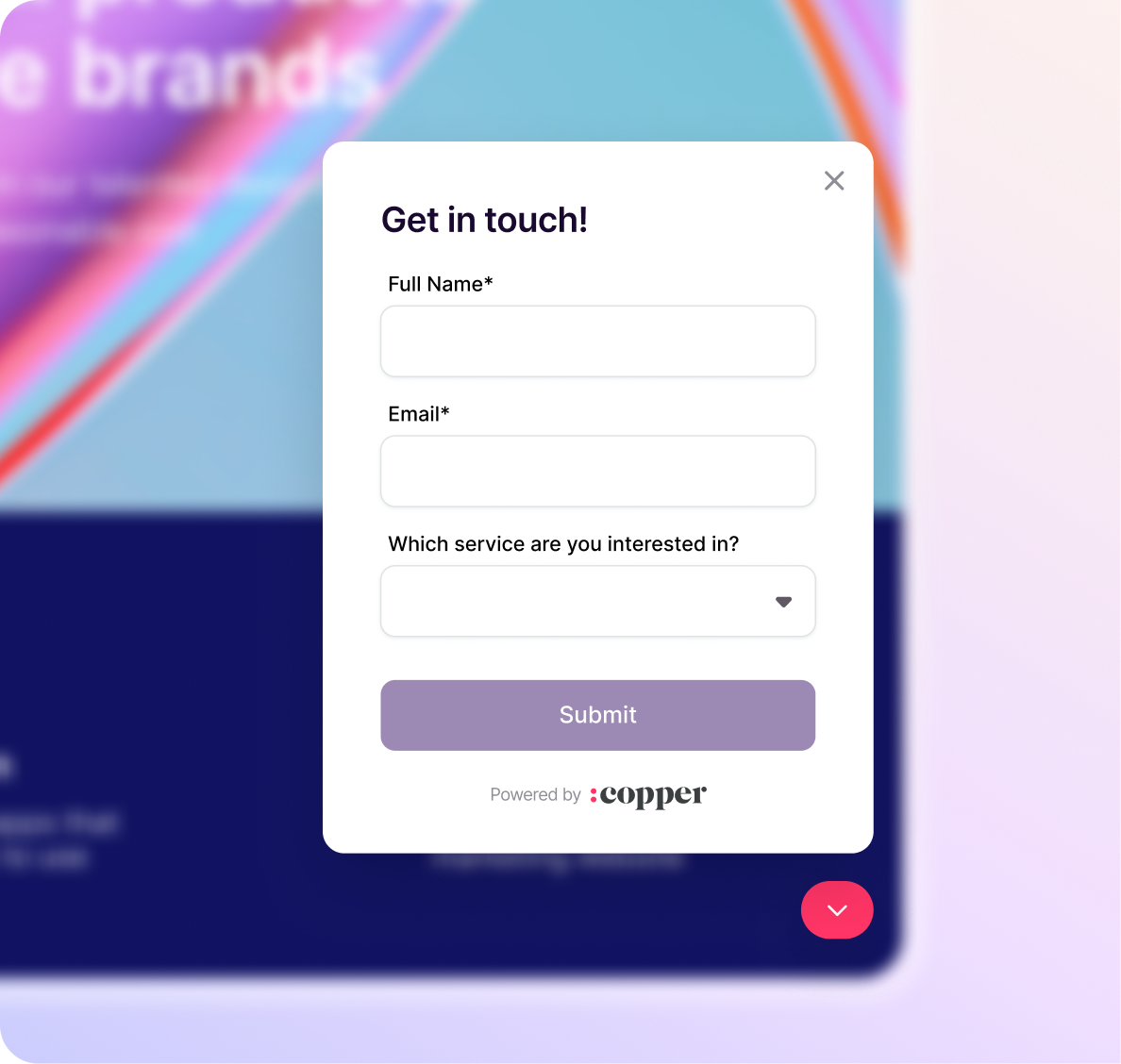 Contact form with fields for full name, email, service interest dropdown, and a submit button powered by Copper.