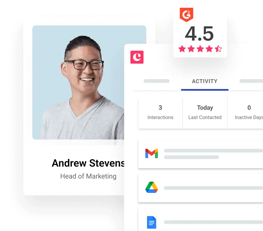 Profile card of Andrew Stevens, Head of Marketing, smiling with a 4.5-star rating and activity overview showing interactions and last contact details.