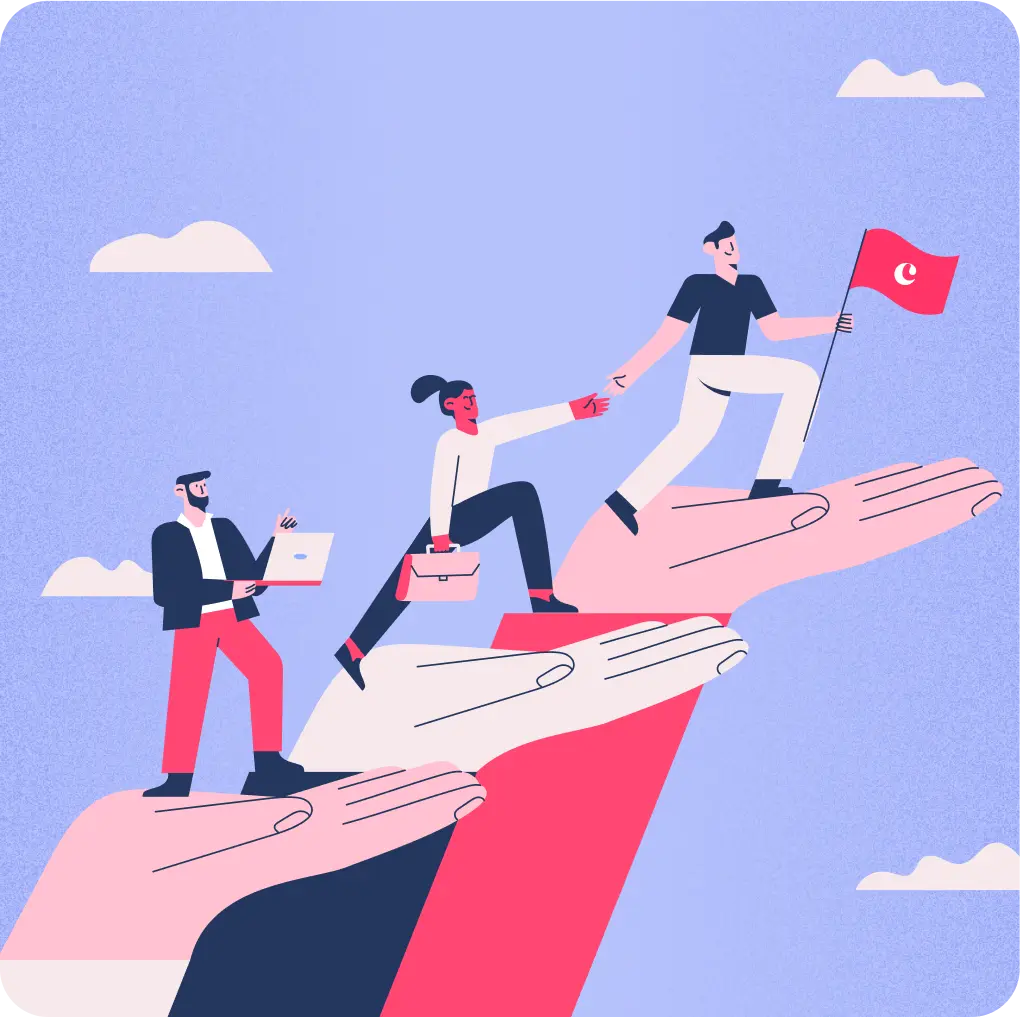 Illustration of three people climbing large hands, one person holding a flag and helping another ascend, symbolizing teamwork and support.