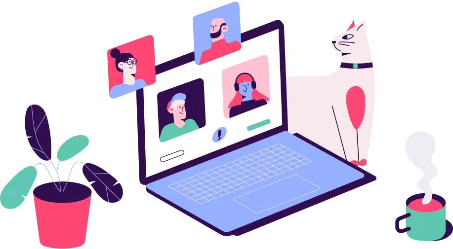 Illustration of a laptop showing a video call with four diverse participants, a cat looking at the screen, a steaming cup of coffee, and a potted plant nearby.