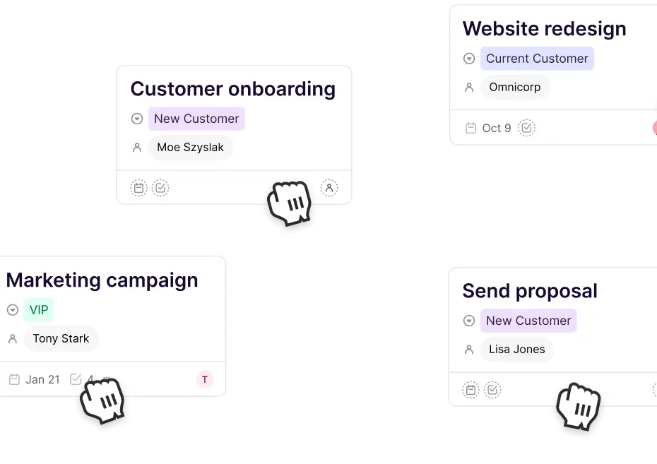 Four task cards showing customer-related projects with labels like New Customer, Current Customer, and VIP and names including Moe Szyslak, Omnicorp, Tony Stark, and Lisa Jones, with hand icons pointing at some tasks.