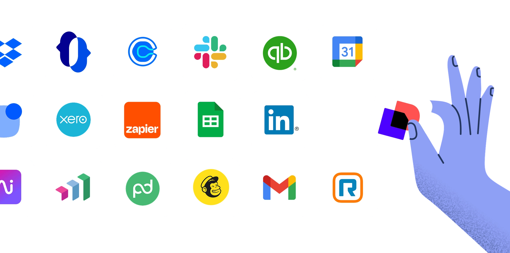 Grid of popular software integration icons including Dropbox, Slack, QuickBooks, Google Calendar, Xero, Zapier, Google Sheets, LinkedIn, Mailchimp, and Gmail with a purple hand holding the Retool icon.