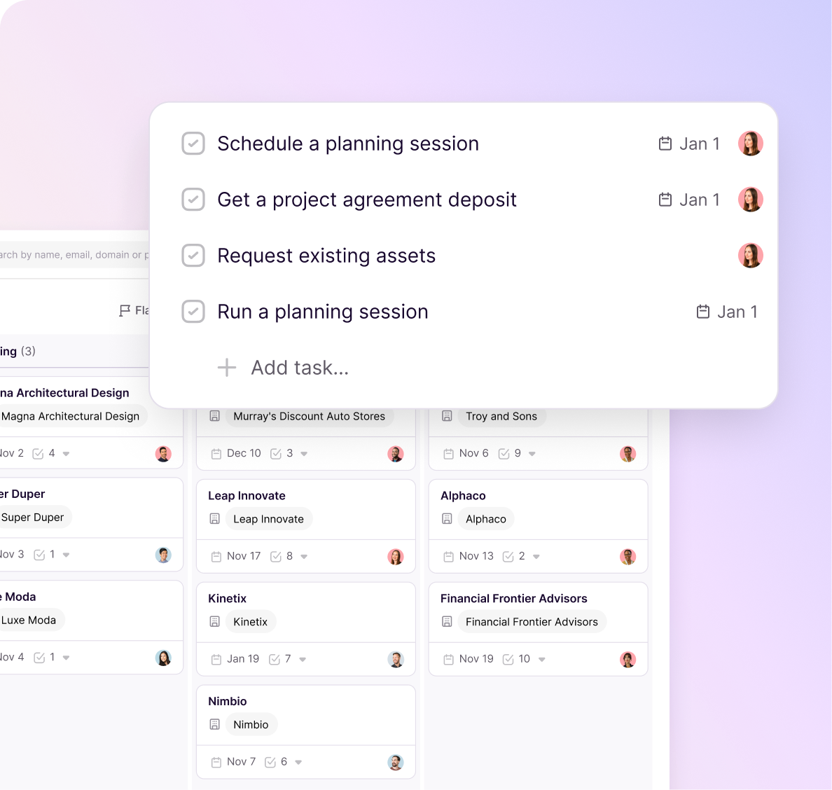 Task list overlay on a project management board showing completed tasks: schedule and run planning session, get project agreement deposit, request existing assets, with assigned user avatars and due dates.