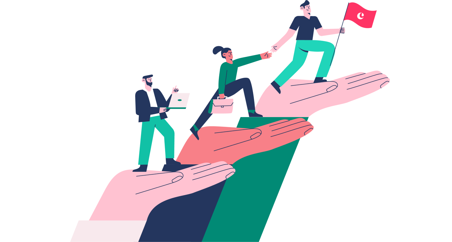 Illustration of three businesspeople ascending large hands, with the leading person holding a red flag.