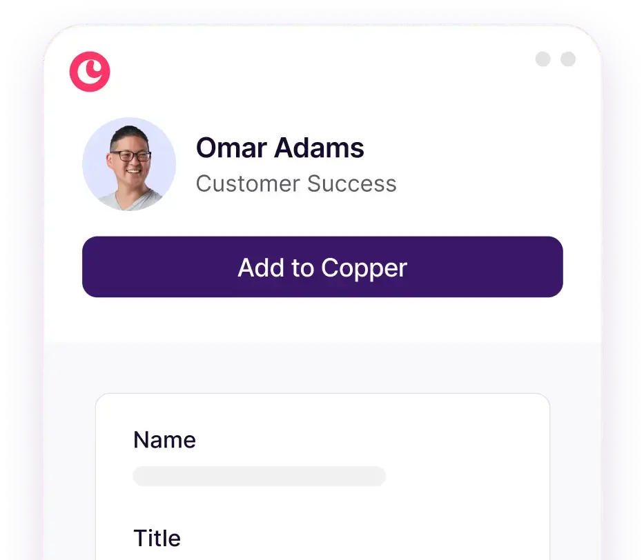 Profile card showing Omar Adams, Customer Success, with an Add to Copper button.